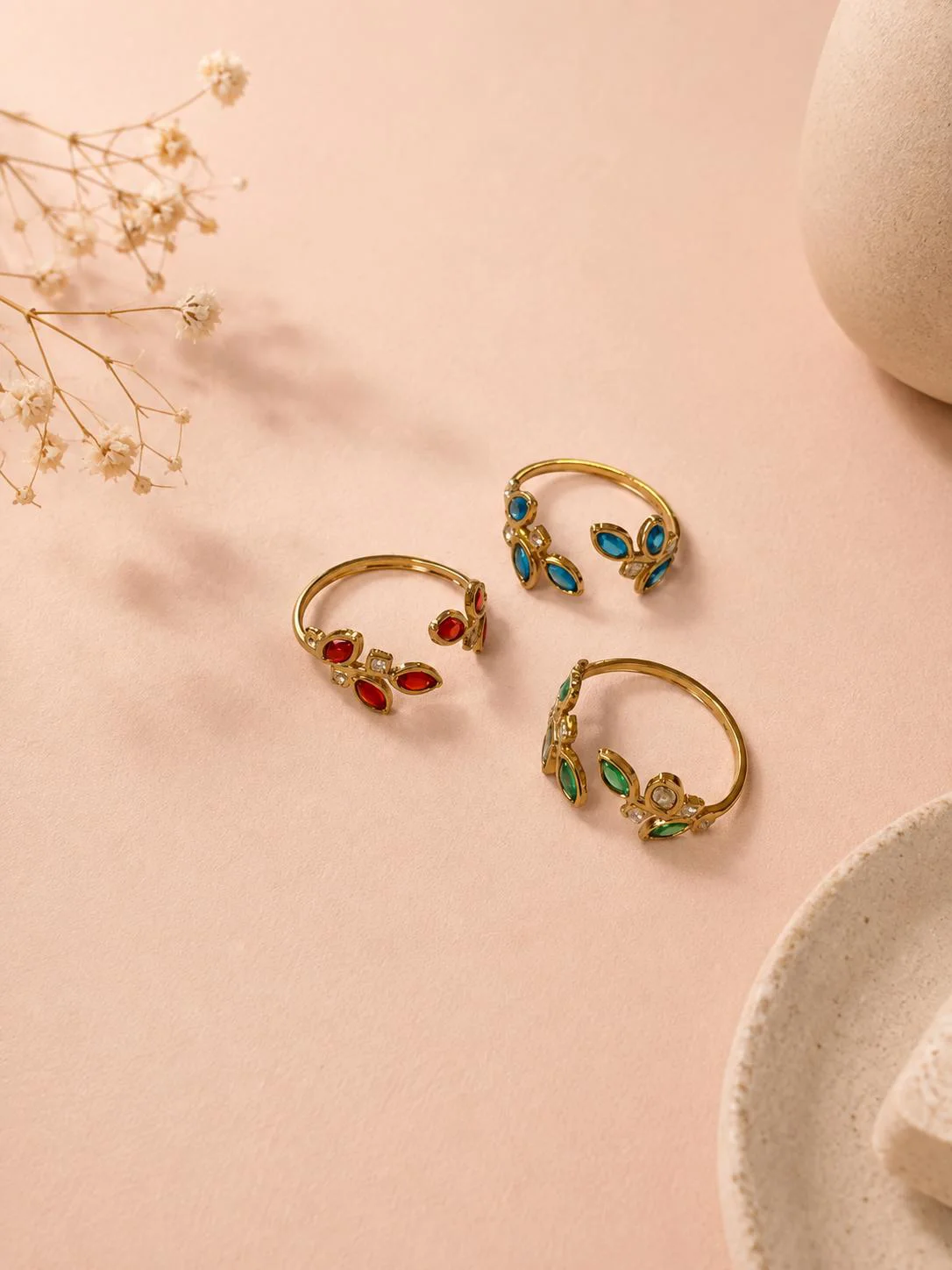 Bague ajustable par devant feuillage avec zirconium colorés - Image 2